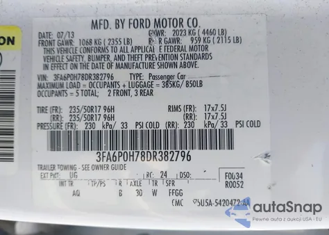2013 Ford Fusion Se from USA, damaged, VIN 3FA6P0H78DR382796